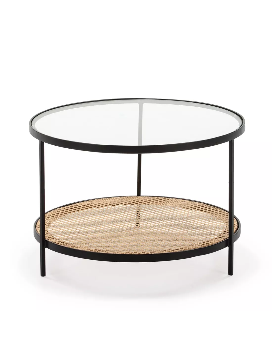 Table Basse/Sellette Ronde Noir Verre/Rotin, Thai Natura